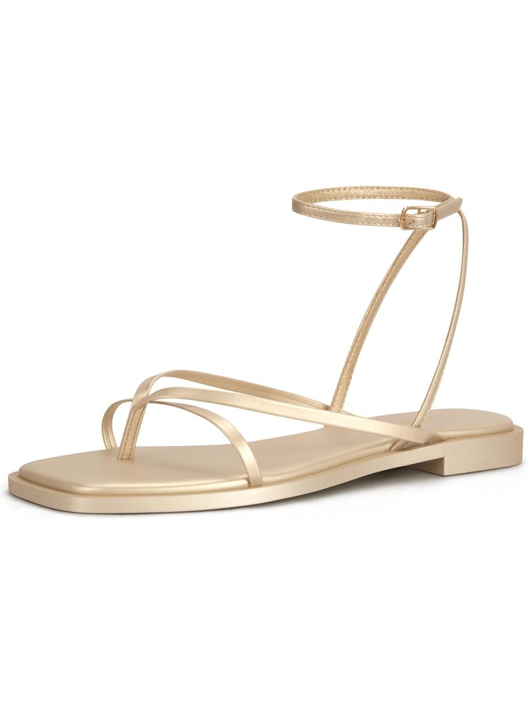 Women's Champagne Gold Flats Sandals Square Toe Strappy Ankle Strap Casual